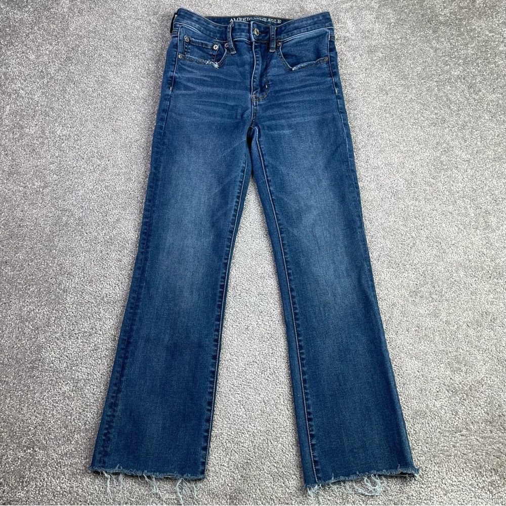 American Eagle Jeans Women's 2 Blue Hi-Rise Crop Flare Dark Wash Frayed Hem